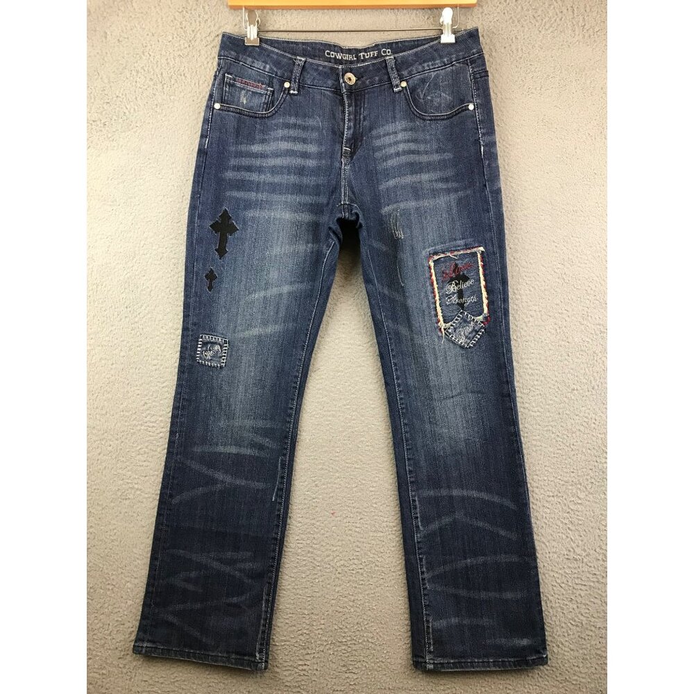 Cowgirl‎ Tuff Jeans Womens Size 331x33 Blue Love and Strength Distressed Denim